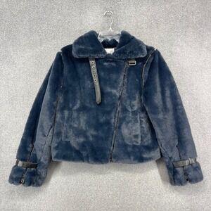 dh New York Faux Fur Moto Jacket Womens S Blue Buckle Trim Biker Coat NEW